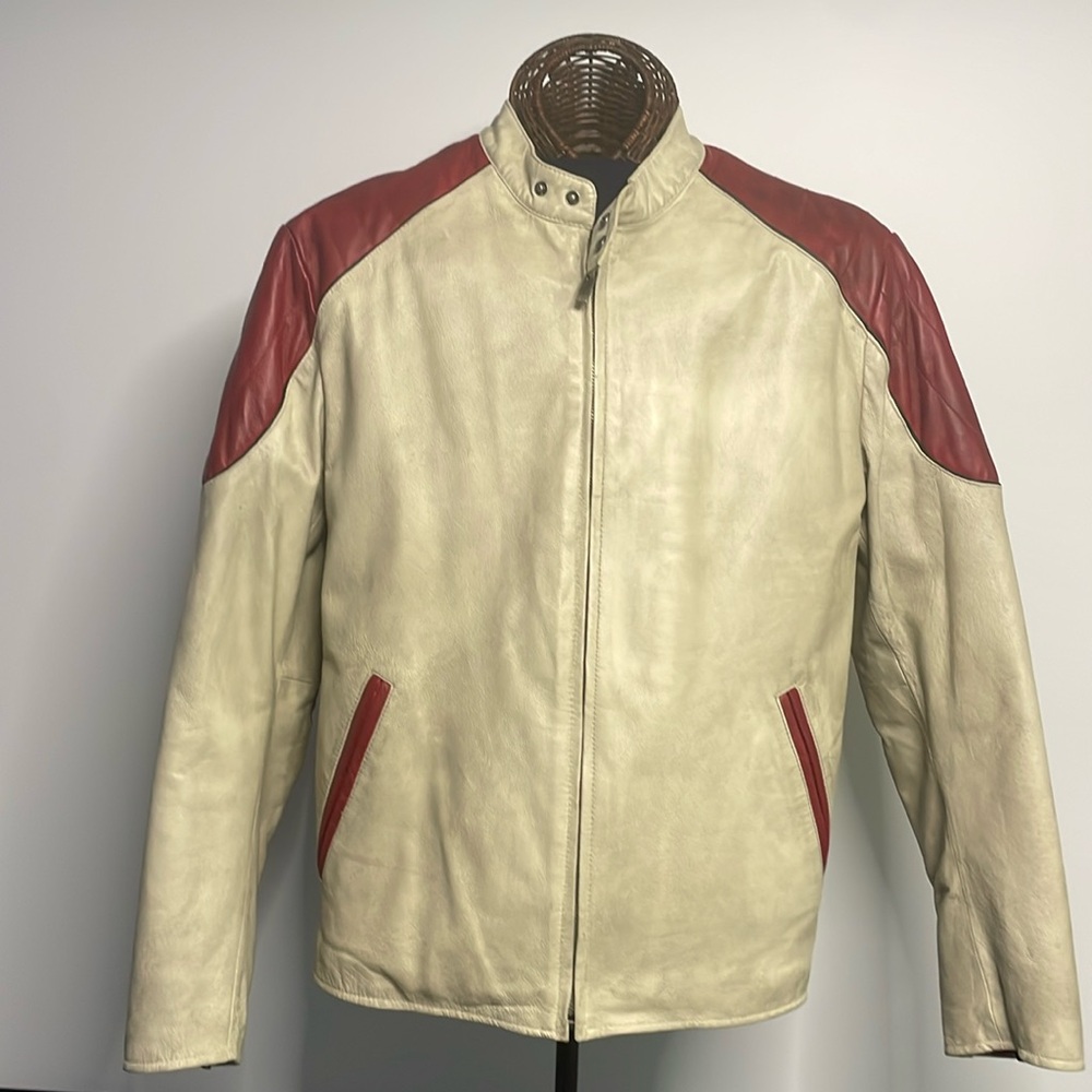 Wilsons Leather Cream and Red Moto Jacket by Designer M. Julian